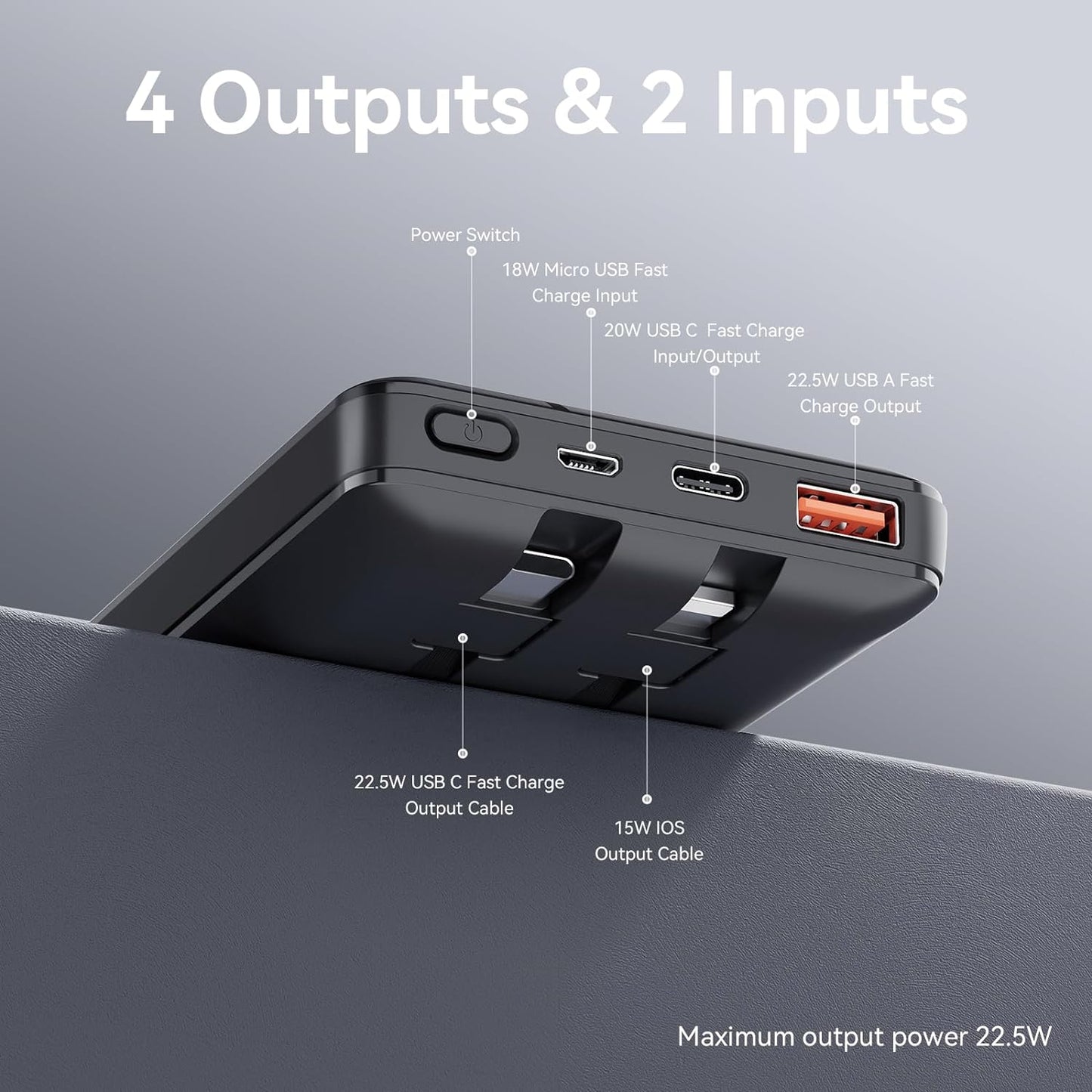 10,000mAh Power Bank with LED Display & Built-in Cables – Fast Charging Portable Charger (Black)