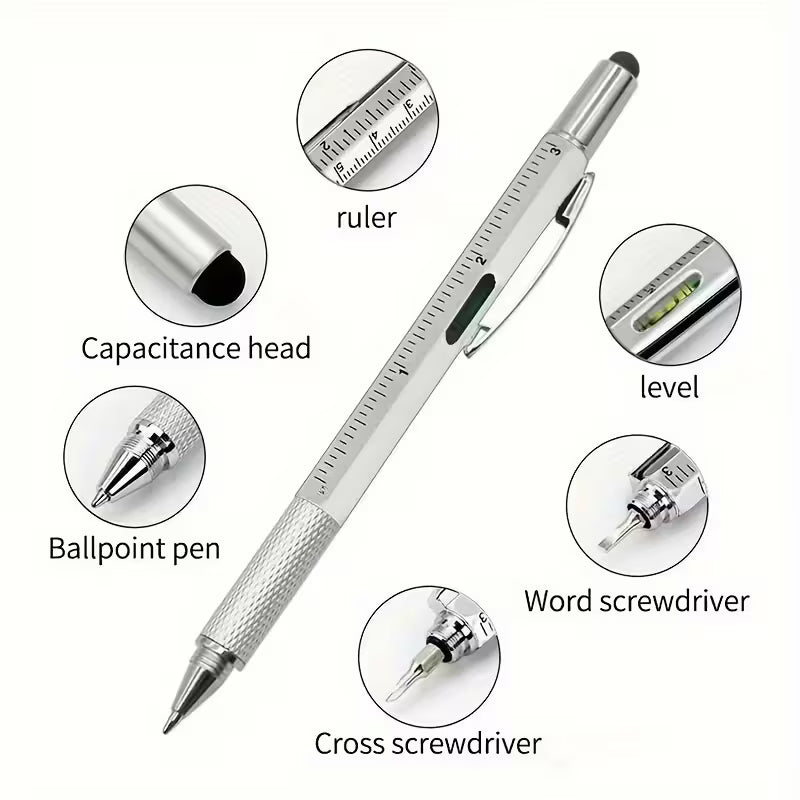 6-in-1 Engineer Multi-Tool Pen with Custom Logo – Stylus, Scale, Spirit Level & Screwdriver (Black, Silver, Blue, Red)