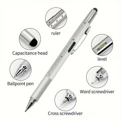 6-in-1 Engineer Multi-Tool Pen with Custom Logo – Stylus, Scale, Spirit Level & Screwdriver (Black, Silver, Blue, Red)