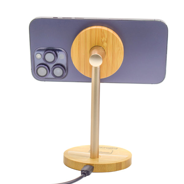 Eco-Friendly Bamboo 2-in-1 Wireless Charging Stand with Light-Up Logo – Premium Corporate Tech Gift