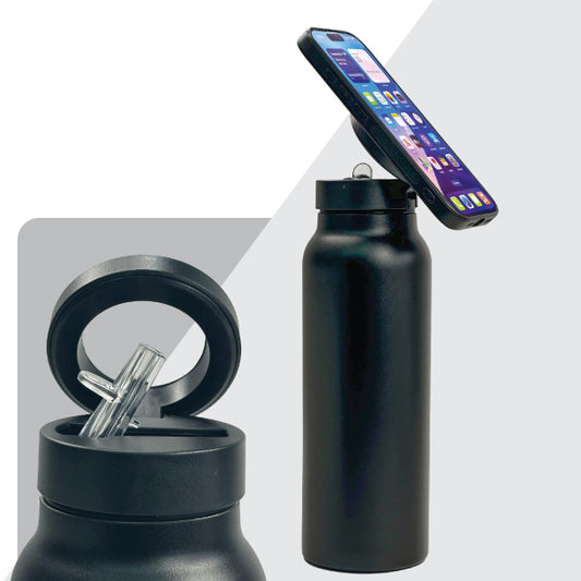 Premium Water Bottle with Magnetic Phone Holder - Black