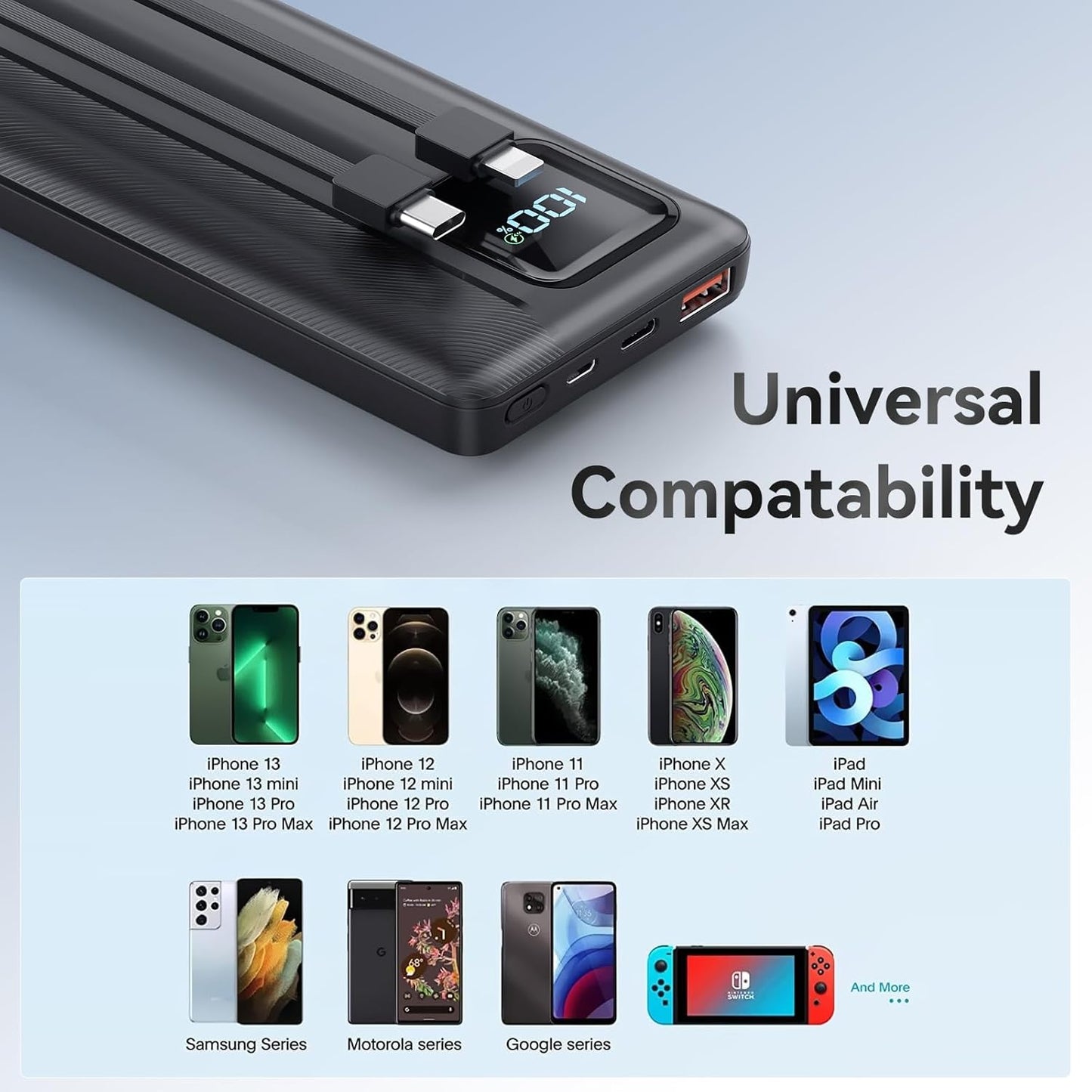 10,000mAh Power Bank with LED Display & Built-in Cables – Fast Charging Portable Charger (Black)