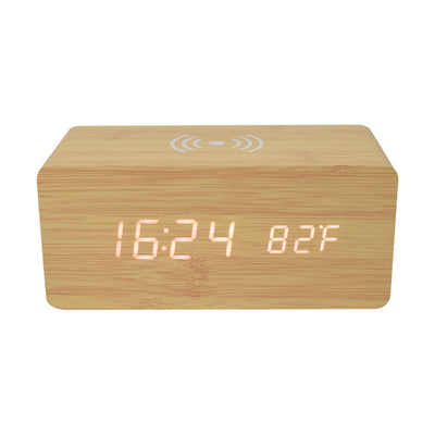 Eco-Friendly Bamboo Digital Table Clock with Wireless Charger – (Large Size)