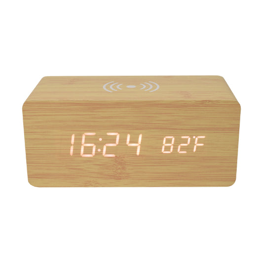 Eco-Friendly Bamboo Digital Table Clock with Wireless Charger – (Large Size)