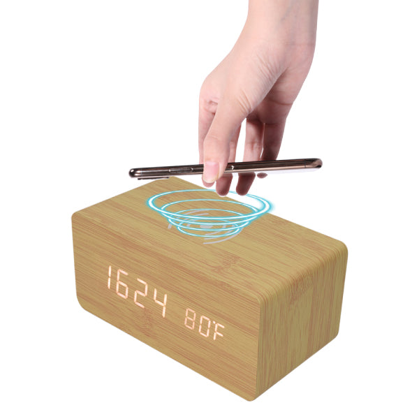 Eco-Friendly Bamboo Digital Table Clock with Wireless Charger – (Large Size)
