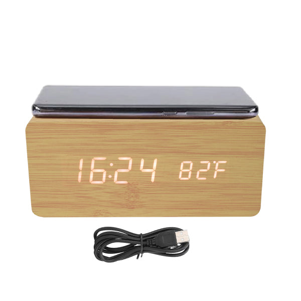 Eco-Friendly Bamboo Digital Table Clock with Wireless Charger – (Large Size)